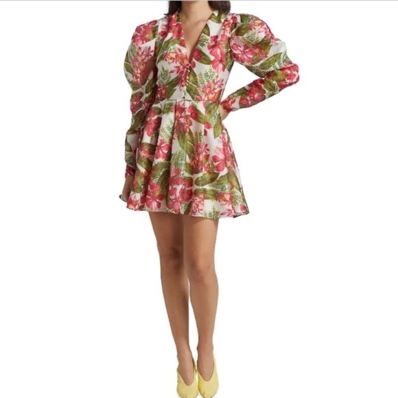 AMUR Cleo Juliet Sleeve Dress Scarlet Tropical Flora Size 0 Print Mini Statement - Picture 1 of 17